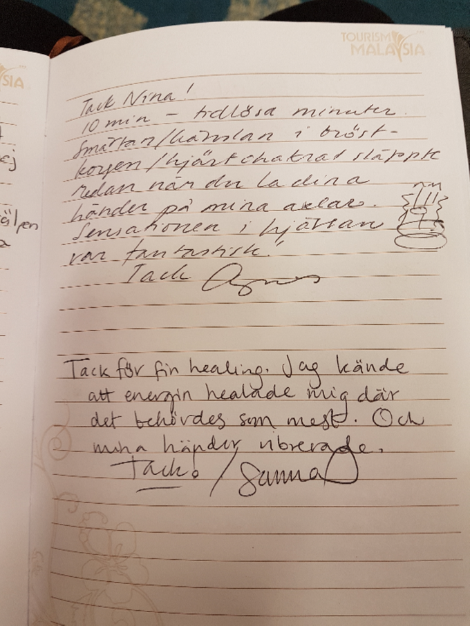Två citat från nöjda klienter som provade reiki på Harmoni-mässan okt-2017
